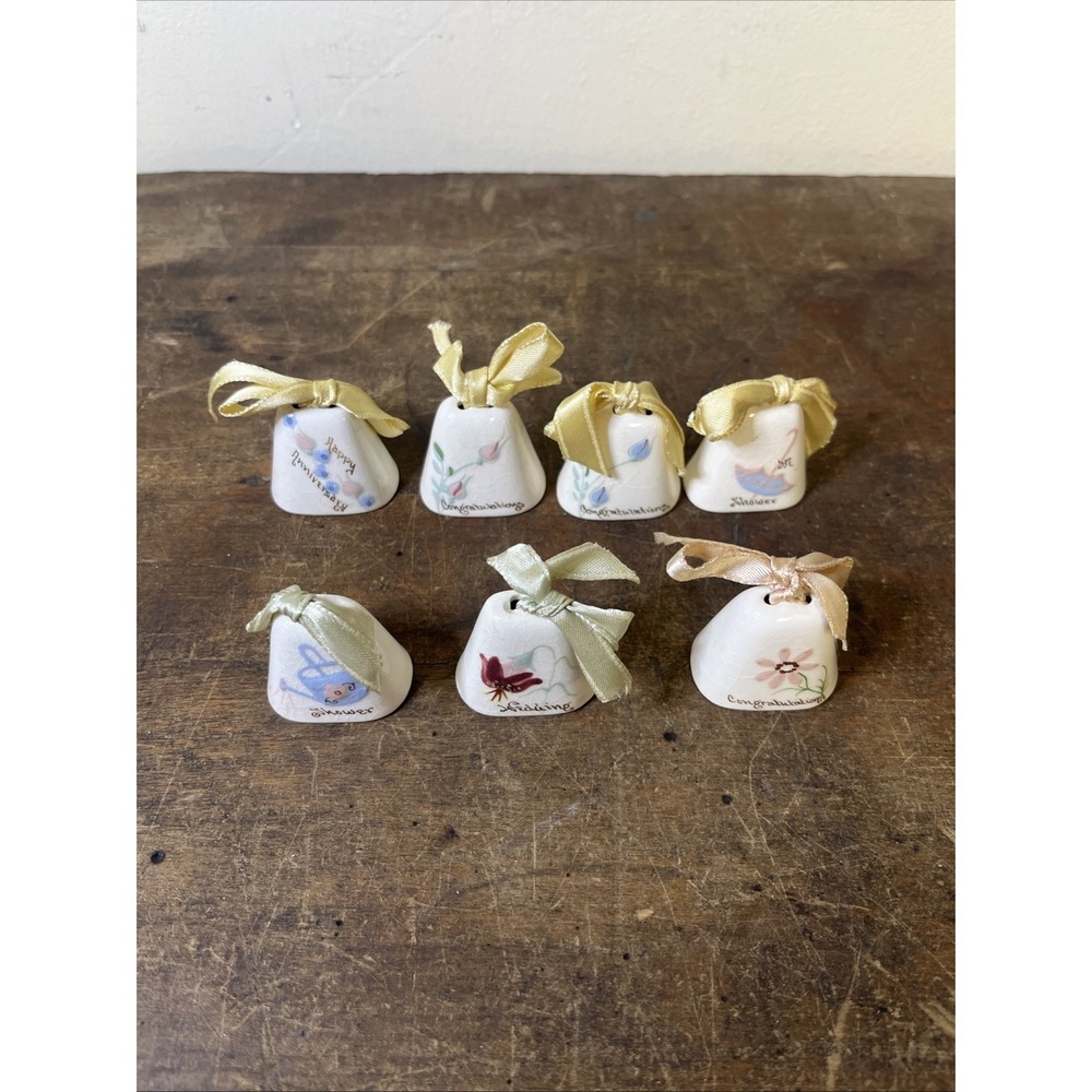 Lot Of 7 Mini Vintage Ceramic Handpainted Bell Ornaments 1" Spring Anniversary